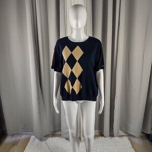 Liz Claiborne Liz Golf Womens Tan And Blue Argyle Short Sleeve Sweater Size XL